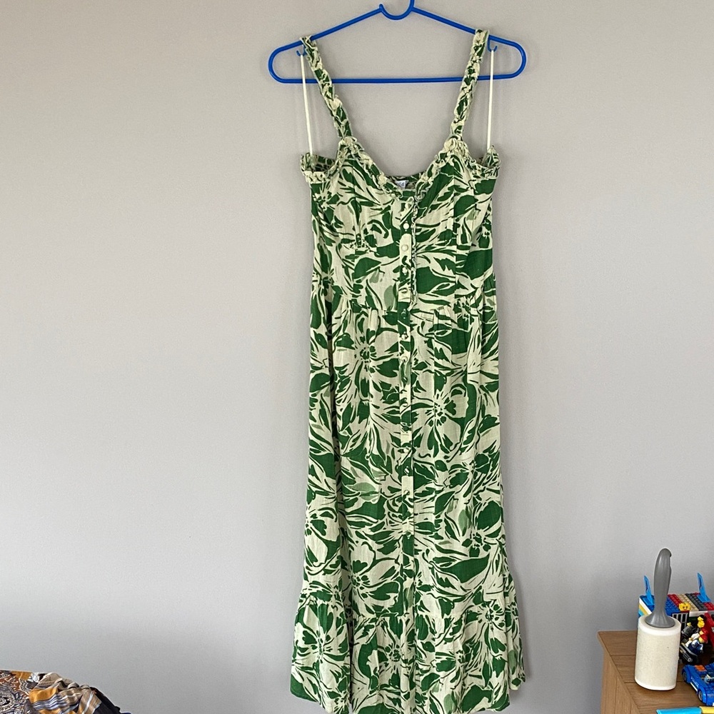 NEW NWT Patrons Of Peace Small Green Cream Rayon Smock Backed Midi Floral Dress